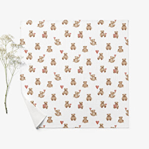 4 Katlı Müslin Örtü - Kalpli Ayıcık Desenli Bebek Müslin Battaniyesi - 100x110 Cm 4 Katlı Müslin Örtü - Kalpli Ayıcık Desenli Bebek Müslin Battaniyesi - 100x110 Cm