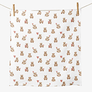 4 Katlı Müslin Örtü - Kalpli Ayıcık Desenli Bebek Müslin Battaniyesi - 100x110 Cm 4 Katlı Müslin Örtü - Kalpli Ayıcık Desenli Bebek Müslin Battaniyesi - 100x110 Cm