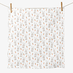 4 Katlı Müslin Örtü - Tavşan ve Havuç Desenli Bebek Müslin Battaniyesi - 100x110 Cm