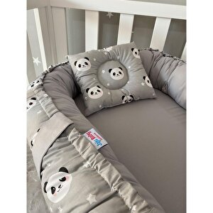 Babynest Lüks Tasarım Ortopedik Anne Yanı Bebek Yatağı Gri Panda