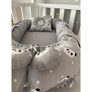 Babynest Lüks Tasarım Ortopedik Anne Yanı Bebek Yatağı Gri Panda