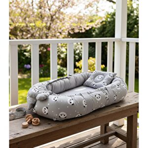 Babynest Lüks Tasarım Ortopedik Anne Yanı Bebek Yatağı Gri Panda