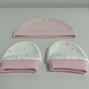 %100 Pamuklu Şapka - Eldiven Seti - Pembe Yıldızlar %100 Pamuklu Şapka - Eldiven Seti - Pembe Yıldızlar