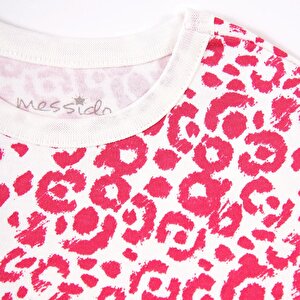 Kız Leopar Desen Çocuk Pijama Takımı Yaka Ribanalı Paça Uzun Kol