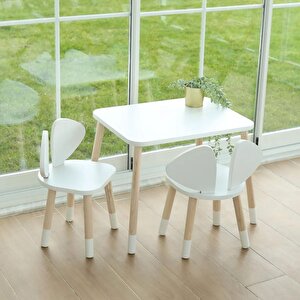 White Mickey Fare 1 Masa + 2 Sandalye  (Çocuklar için Yaz-Sil Montessori Aktivite ve Etkinlik Masa Sandalye Takımı)