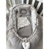 Babynest Gri Waffle Pike Kumaş Micky Tasarım Ponponlu 3'lü Anne Yanı Bebek Yatağı, Micky Tasarım