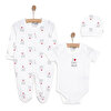 Unisex Yenidoğan Tulum Body Şapka 3'lü Set %100 Pamuk Çıtçıtlı Yaka Uzun Kol Ekru