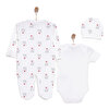 Unisex Yenidoğan Tulum Body Şapka 3'lü Set %100 Pamuk Çıtçıtlı Yaka Uzun Kol Ekru
