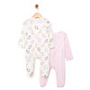 Kız Bebek Yenidoğan 2'li Patikli Tulum %100 Pamuk Fermuarlı Bisiklet Yaka Uzun Kol Ekru
