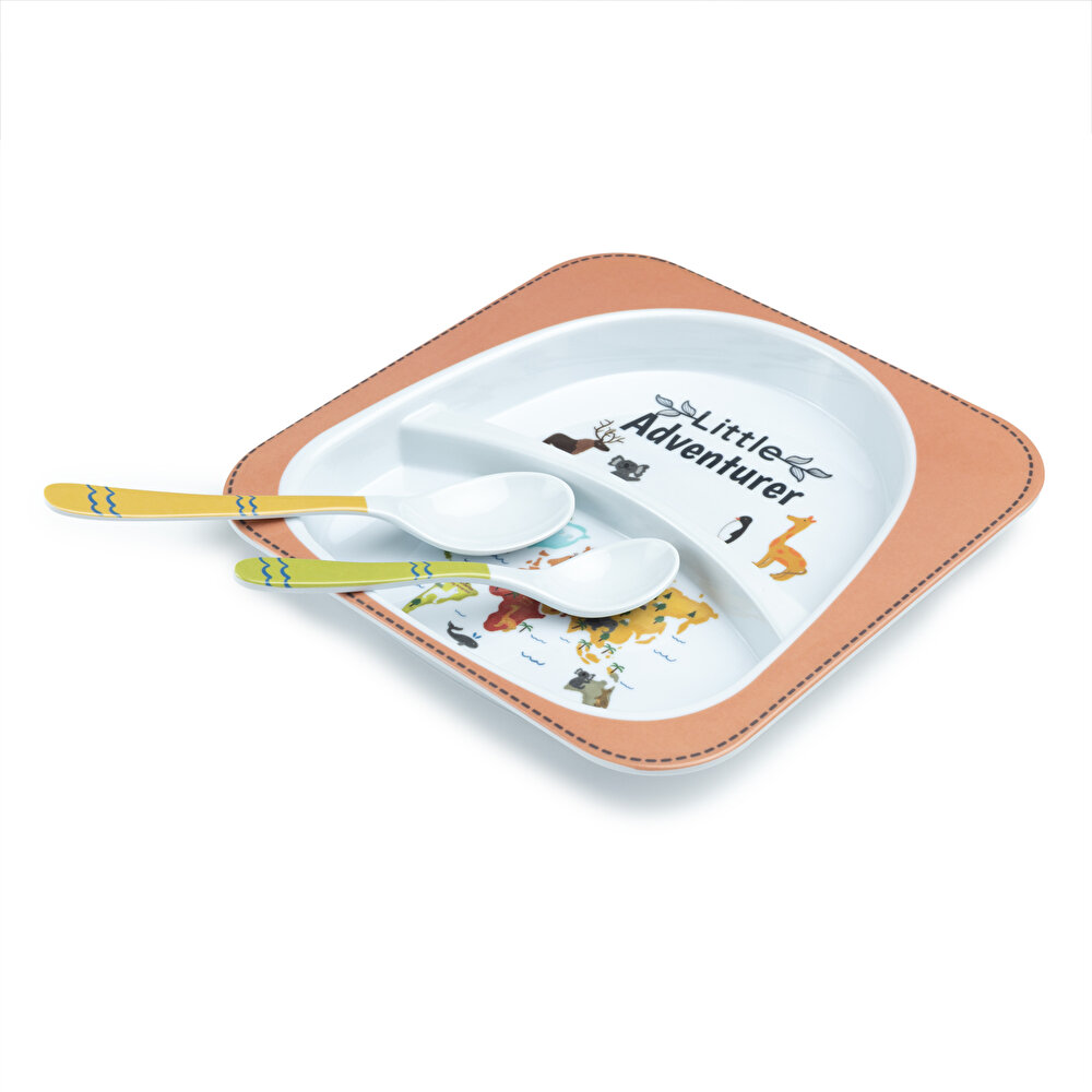 Little Adventurer Melamin Kare Bölmeli Mama Tabağı Seti (2 Kaşıklı)