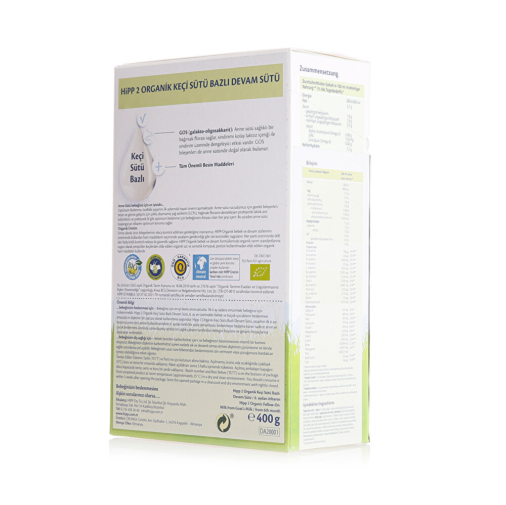 2 Organik Keçi Sütlü Devam Sütü 400 gr 6+ Ay