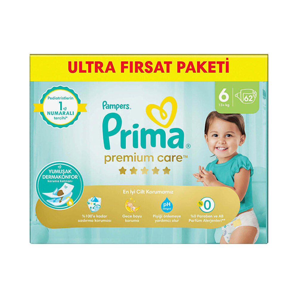 Bebek Bezi Premium Care 6 Beden Extra Large Ultra Fırsat Paketi 13+ kg 62 Adet
