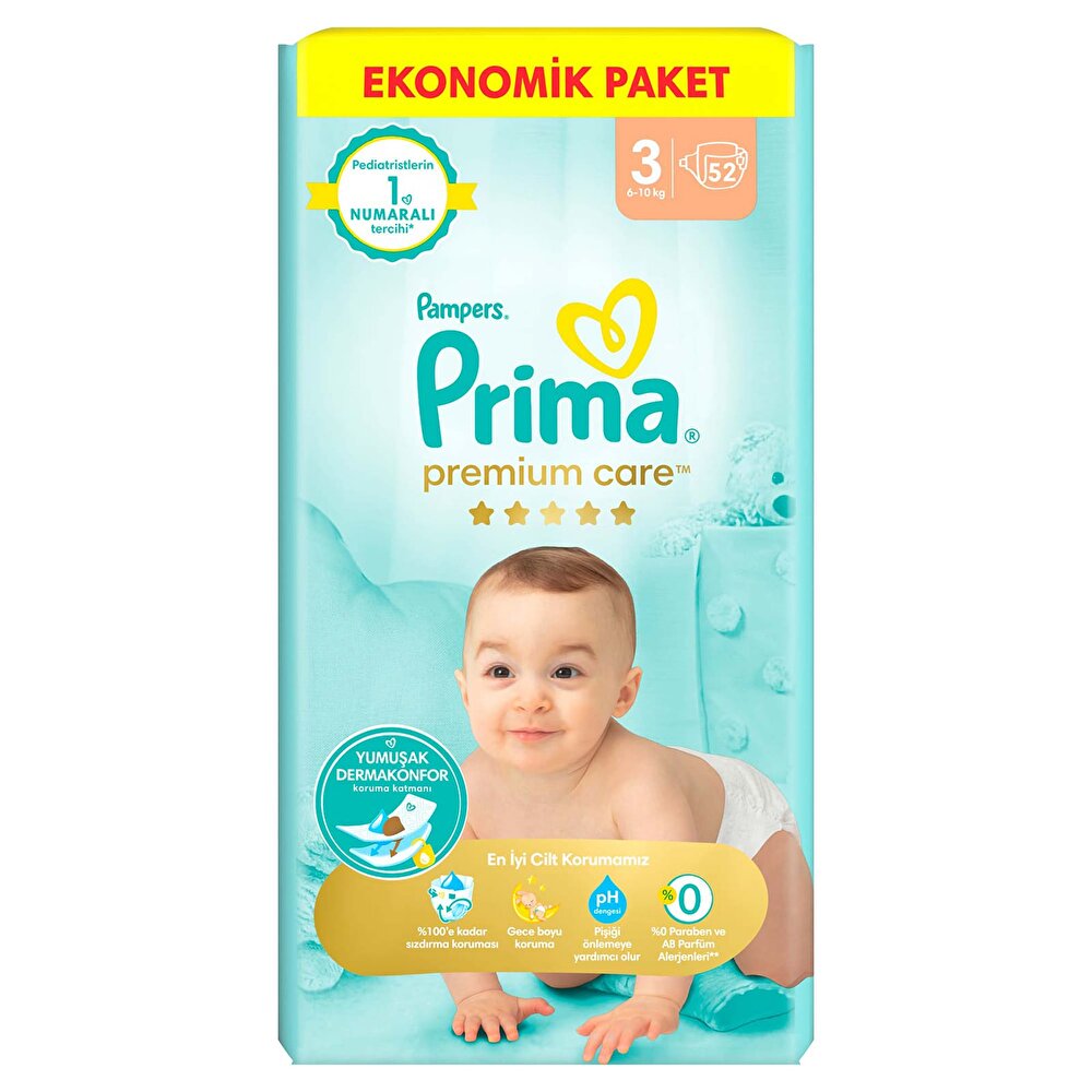 Bebek Bezi Premium Care 3 Beden Midi Ekonomik Paket 6-10 kg 52 Adet