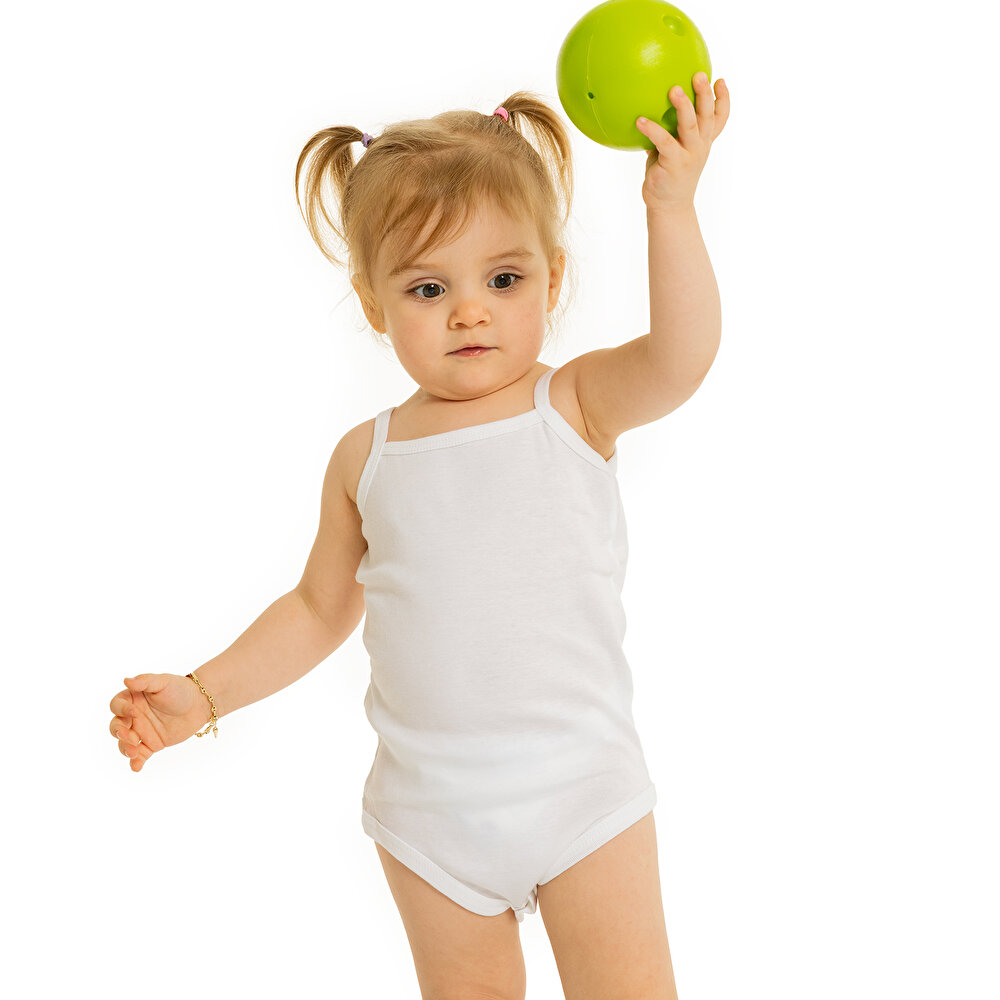 Unisex Beyaz Body Ribana Kumaş Çıtçıtlı Zıbın Bisiket Yaka İp Askılı Beyaz