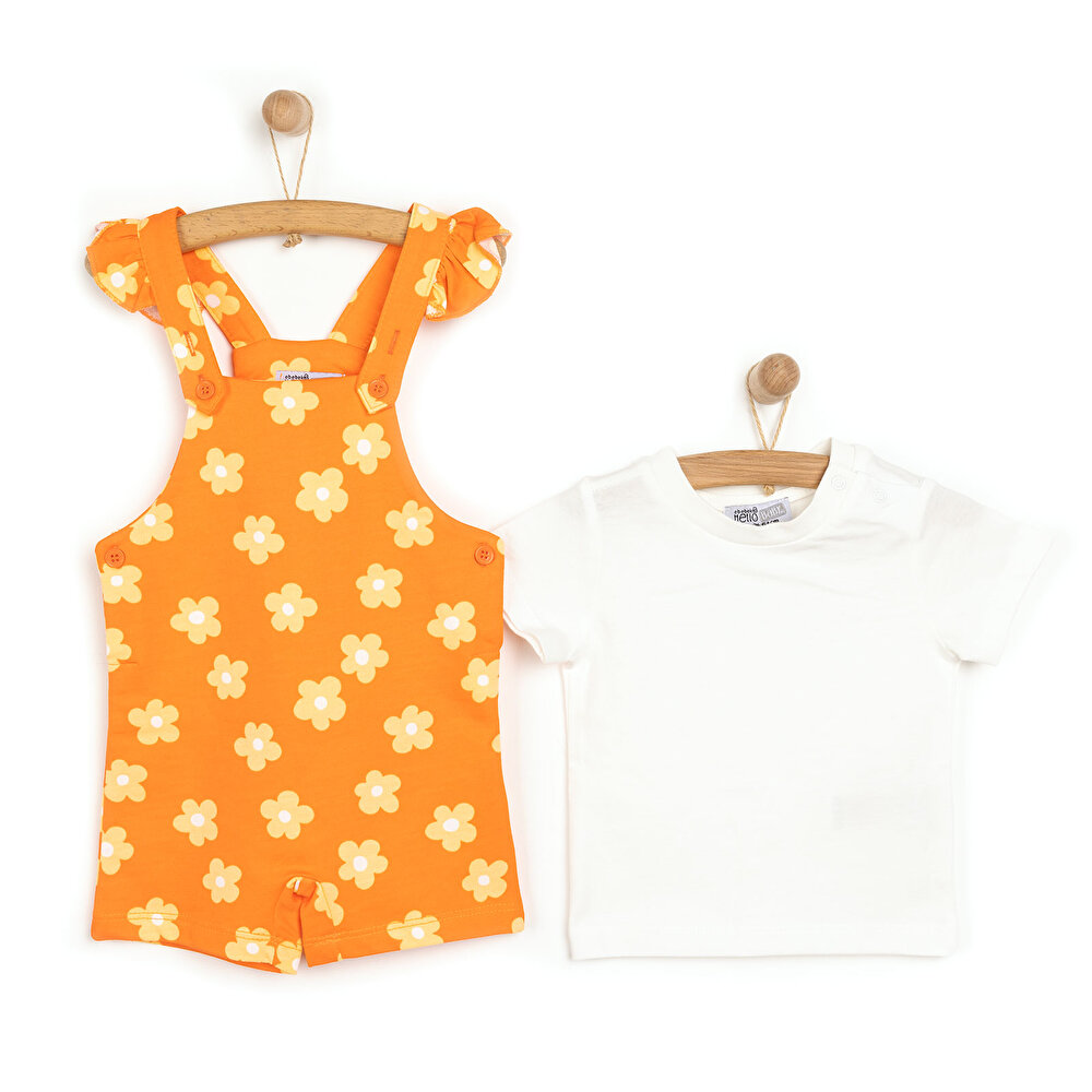 Bebek Şort Salopet Tişört İki İplik Düğmeli Bisiklet Yaka Kısa Kol Turuncu