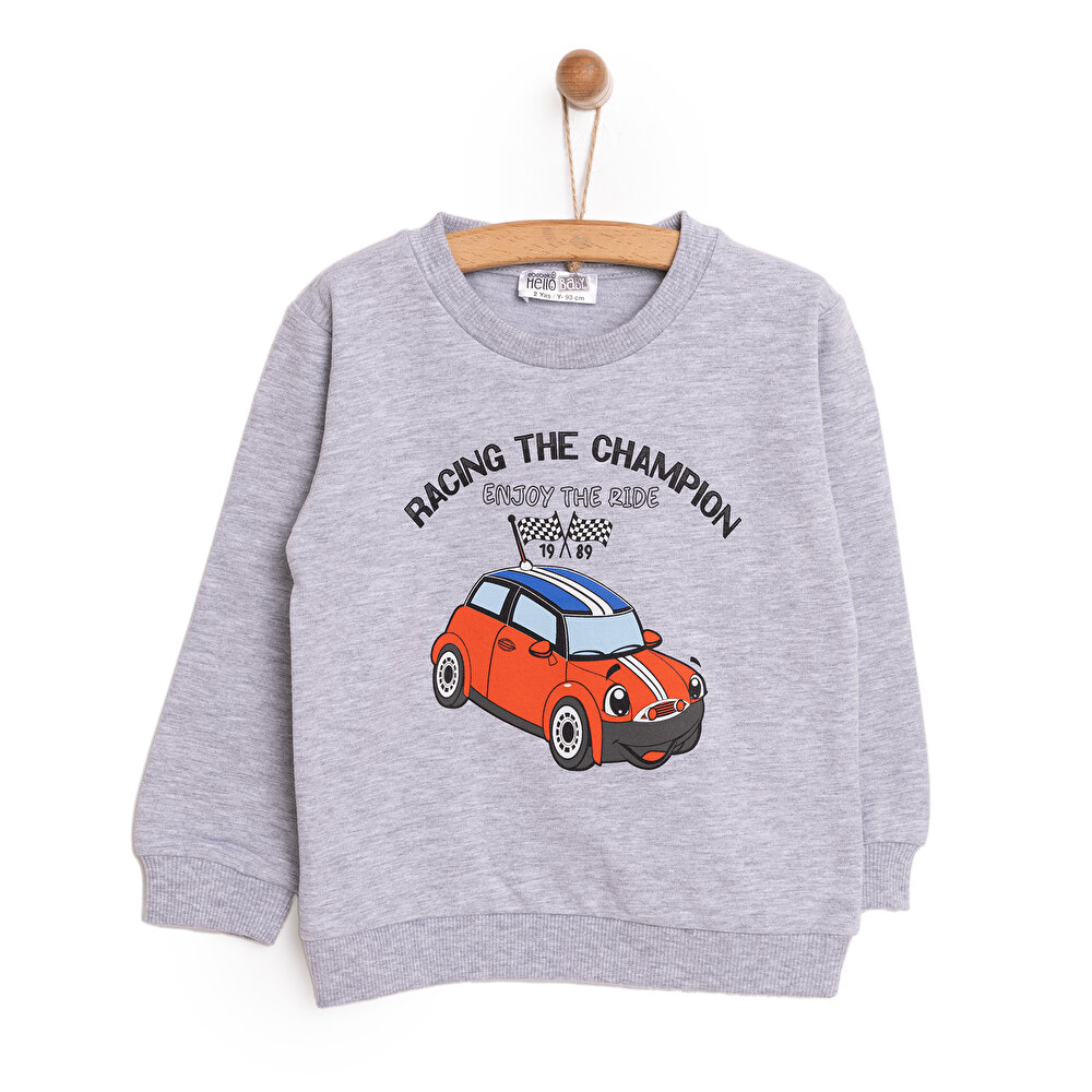 Erkek Bebek Sweatshirt Şardonlu Araba Baskılı Bisiklet Yaka Uzun Kol Gri Melanj