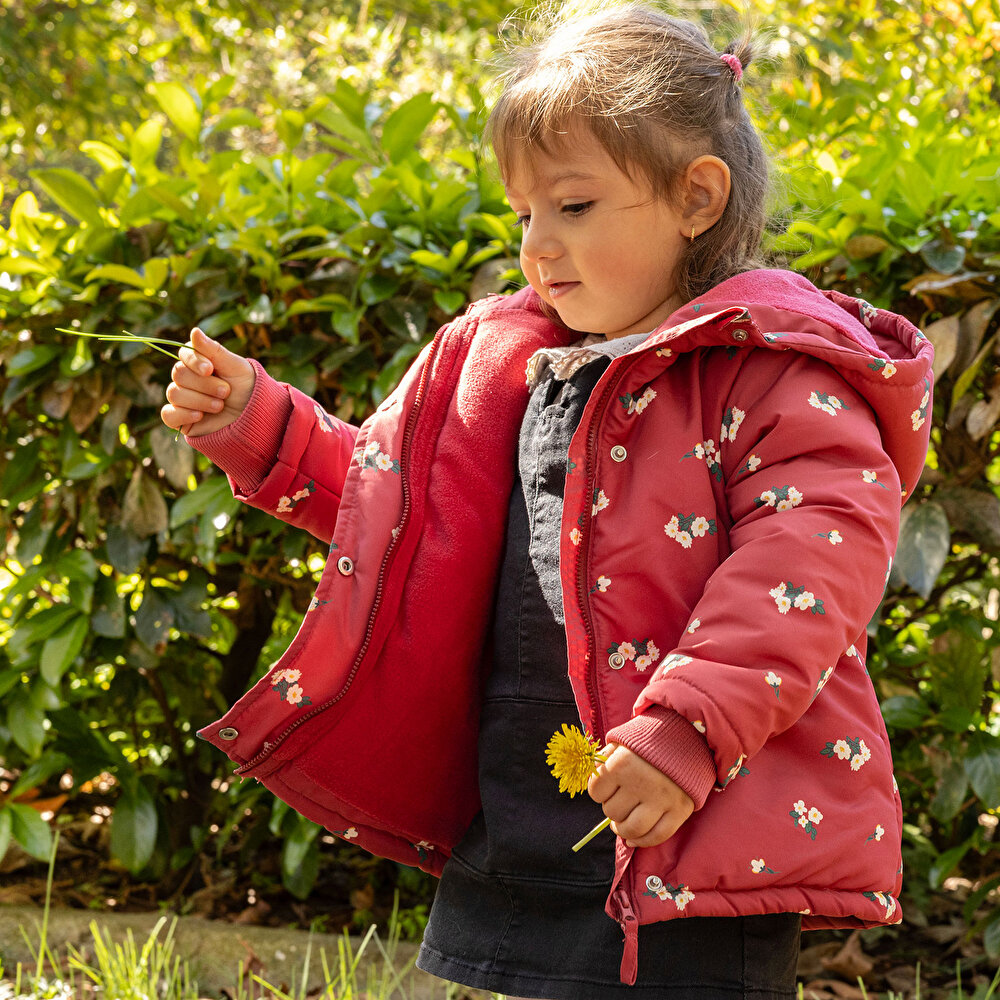 Basic Çiçek Metraj Baskılı Kapüşonlu Mont Kız Bebek