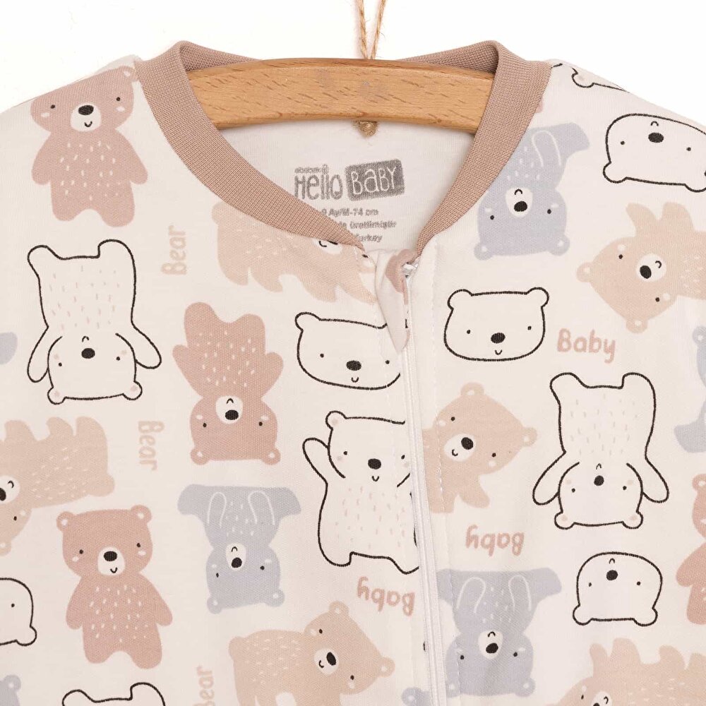 Unisex Uyku Tulum İnterlok Ayı Desen Fermuarlı 1 Tog Uzun Kol Bej