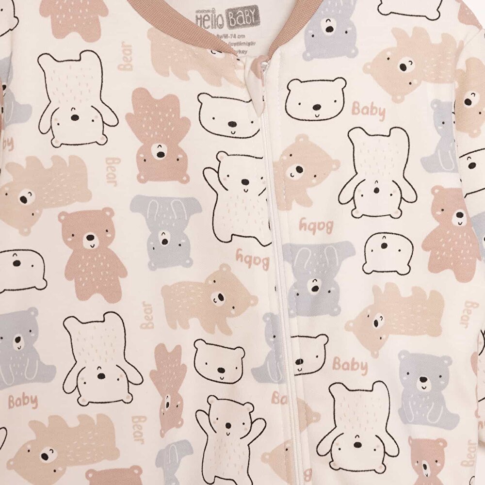 Unisex Uyku Tulum İnterlok Ayı Desen Fermuarlı 1 Tog Uzun Kol Bej