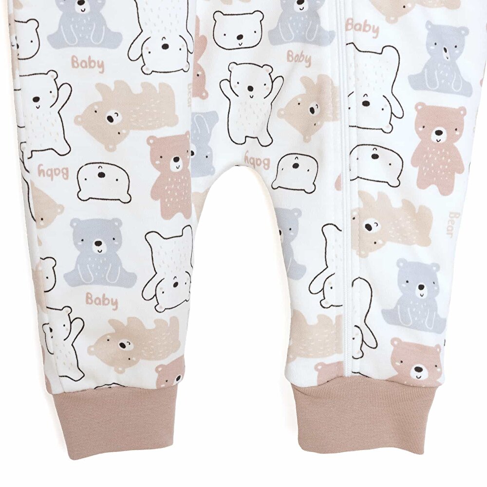 Unisex Uyku Tulum İnterlok Ayı Desen Fermuarlı 1 Tog Uzun Kol Bej