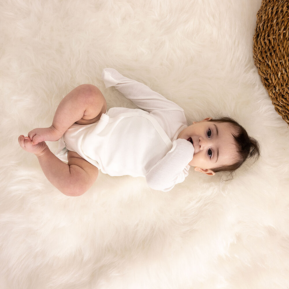 Unisex Zıbın Body %100 Pamuk Çıtçıtlı V Yaka Uzun Kol Ekru