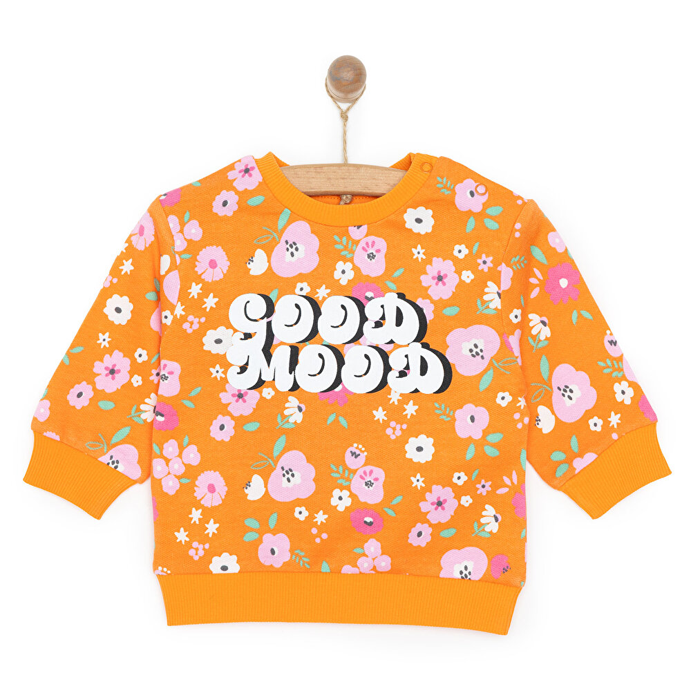 Kız Bebek Sweatshirt Çiçek Desenli Şardonlu Çıtçıtlı Bisiklet Yaka Uzun Kol Desenli