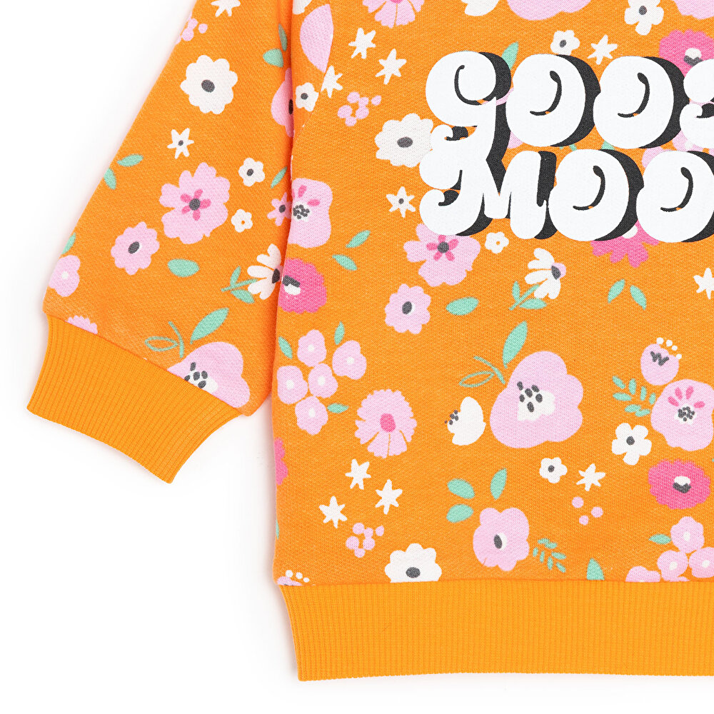Kız Bebek Sweatshirt Çiçek Desenli Şardonlu Çıtçıtlı Bisiklet Yaka Uzun Kol Desenli