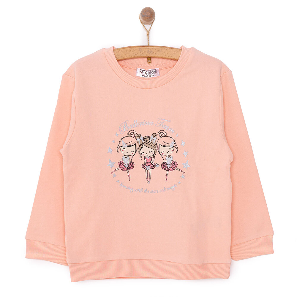 Kız Bebek Sweatshirt Şardonlu Bisiklet Yaka Uzun Kol Pembe