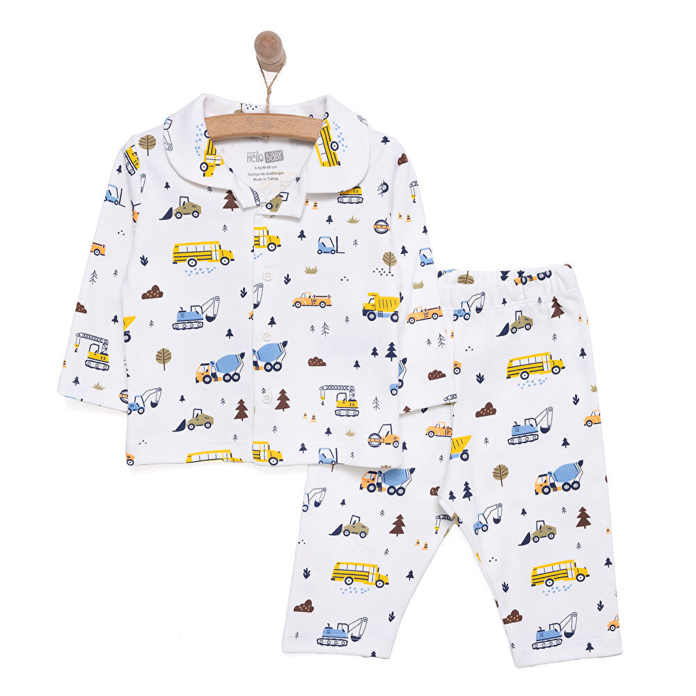 Uzun Kol Gömlek Yaka Araç Desenli Pijama Takımı