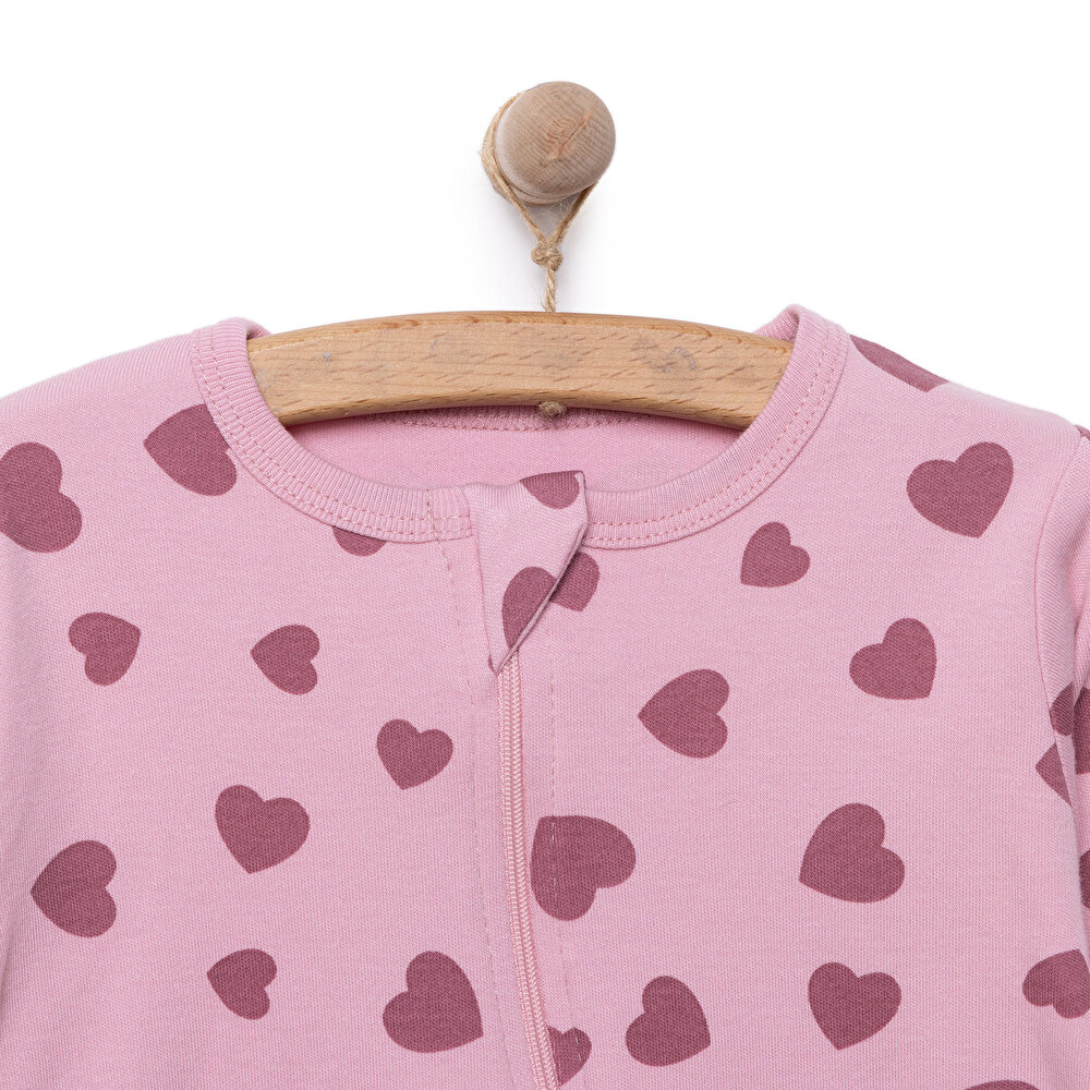 Kız Kalp Desenli  Fermuarlı Patiksiz Tulum Kız Bebek