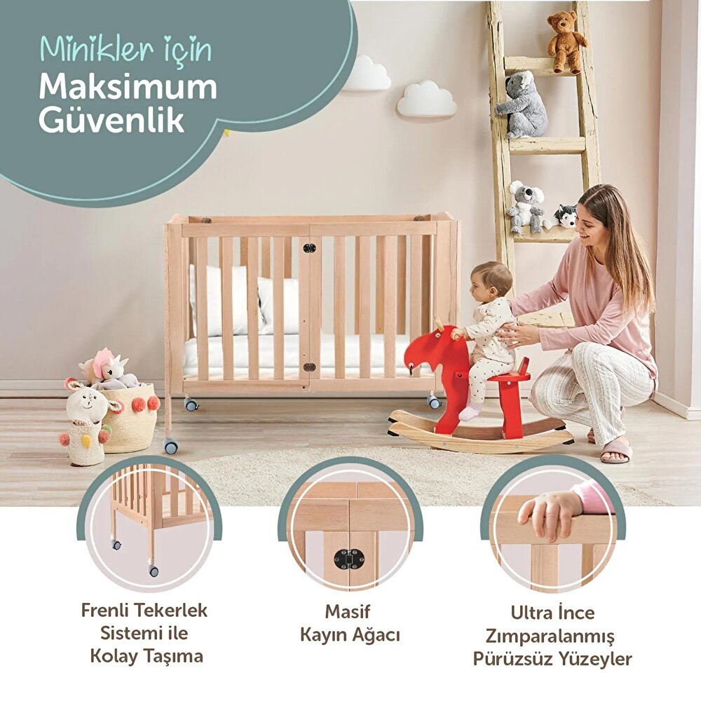 Ahşap Katlanır ve Tekerlekli Beşik 60x120 cm