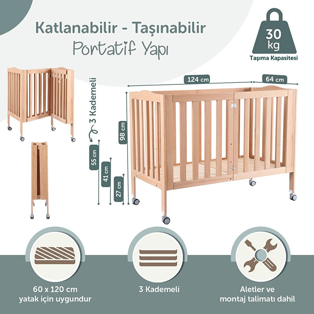 Ahşap Katlanır ve Tekerlekli Beşik 60x120 cm