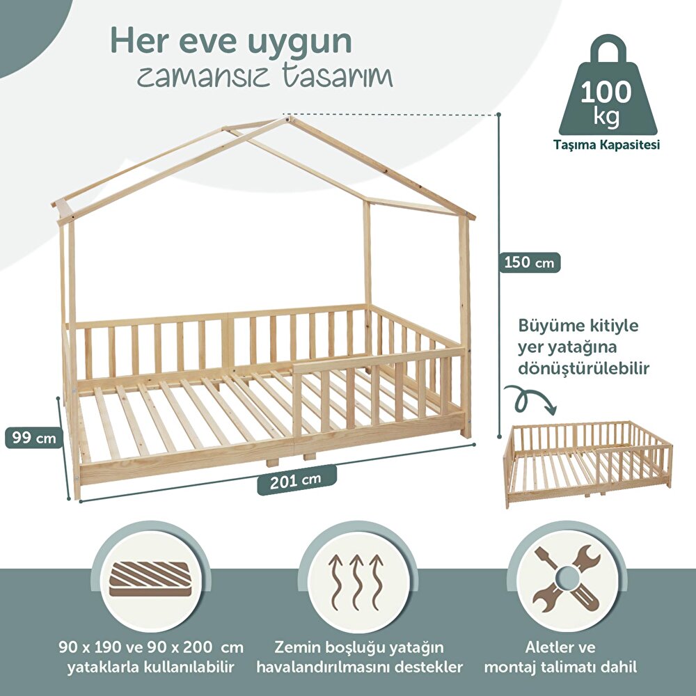 Montessori Düz Çatılı Karyola 90x190 cm