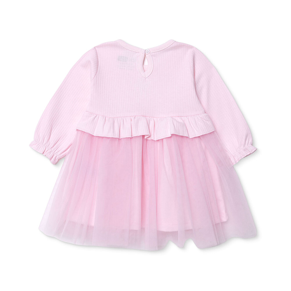 Kız Bebek Elbise Düğmeli Bisiklet Yaka Uzun Kol Reçme