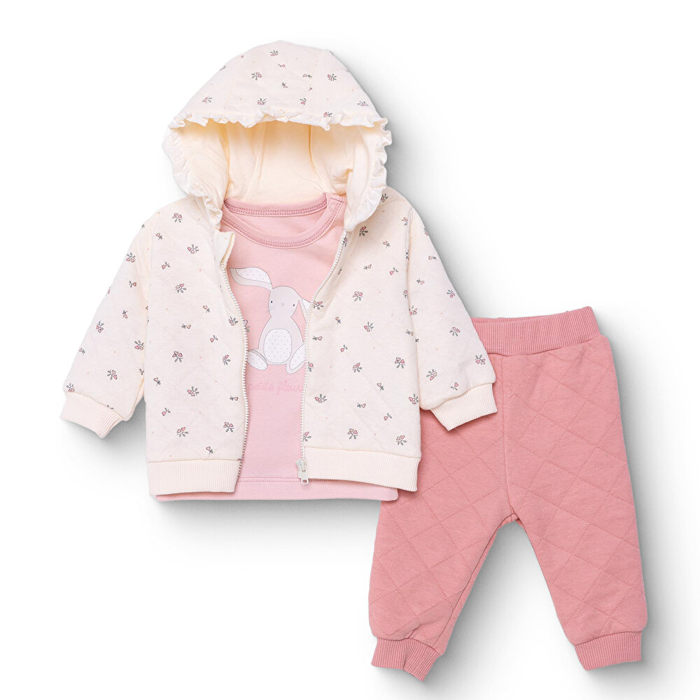 Kız Bebek Yenidoğan Petite Fleurs Sweatshirt-Hırka-Patik Bisiklet Yaka Uzun Kol Patiksiz Paça