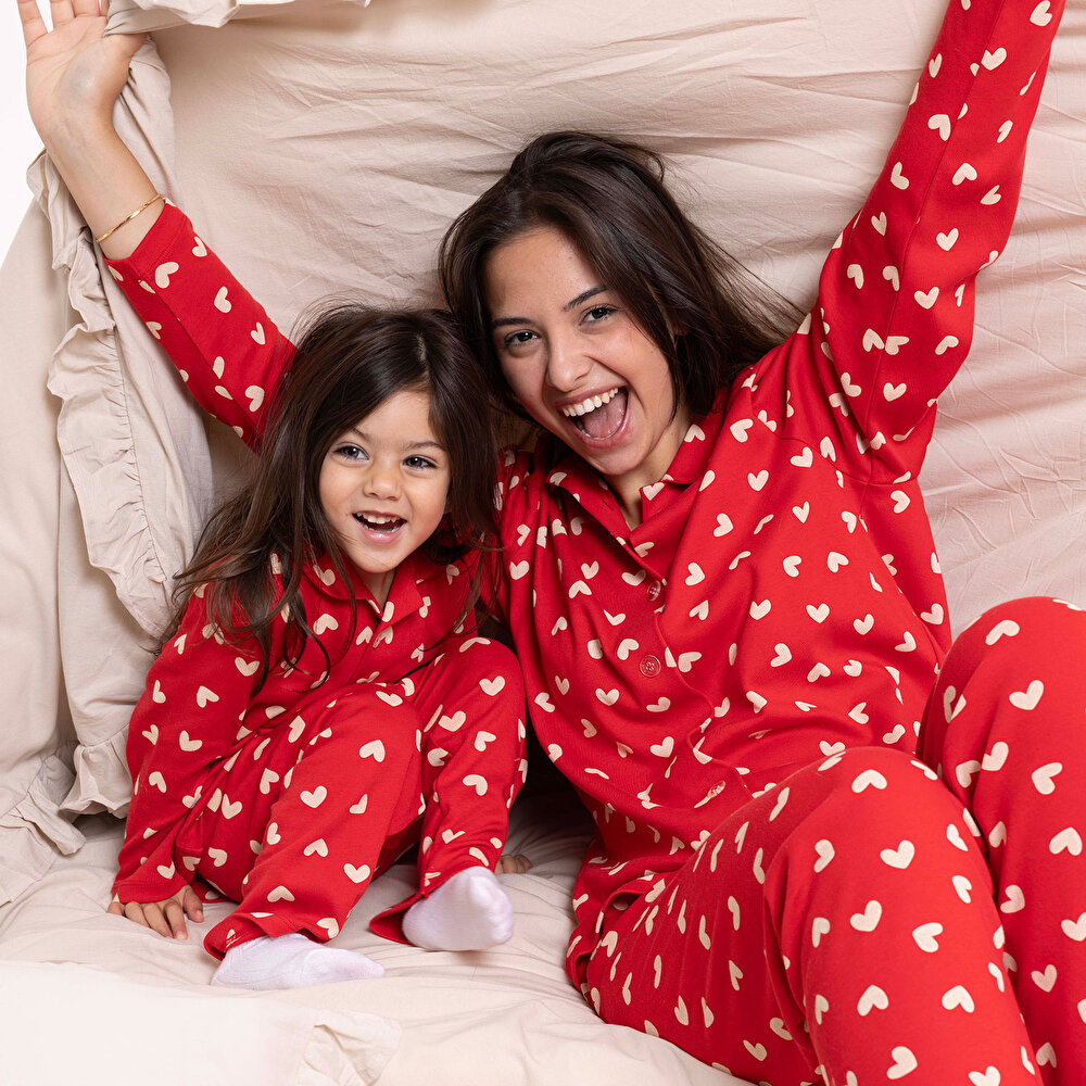 Anne Mini Me Pijama Takımı İnterlok Kapüşonlu Yaka Uzun Kol Reçme Paça