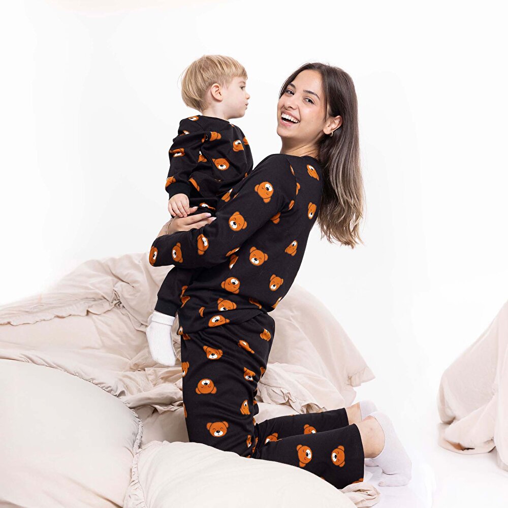 Anne Pijama Takımı Mini Me İnterlok Bisiklet Yaka Kısa Kol Reçme Paça