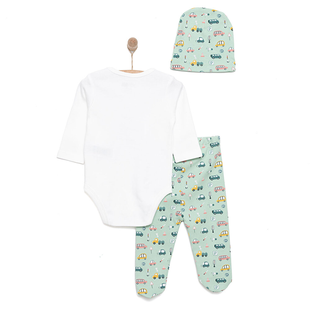Araba Baskılı Yenidoğan Erkek Body-Patikli Alt-Şapka Erkek Bebek