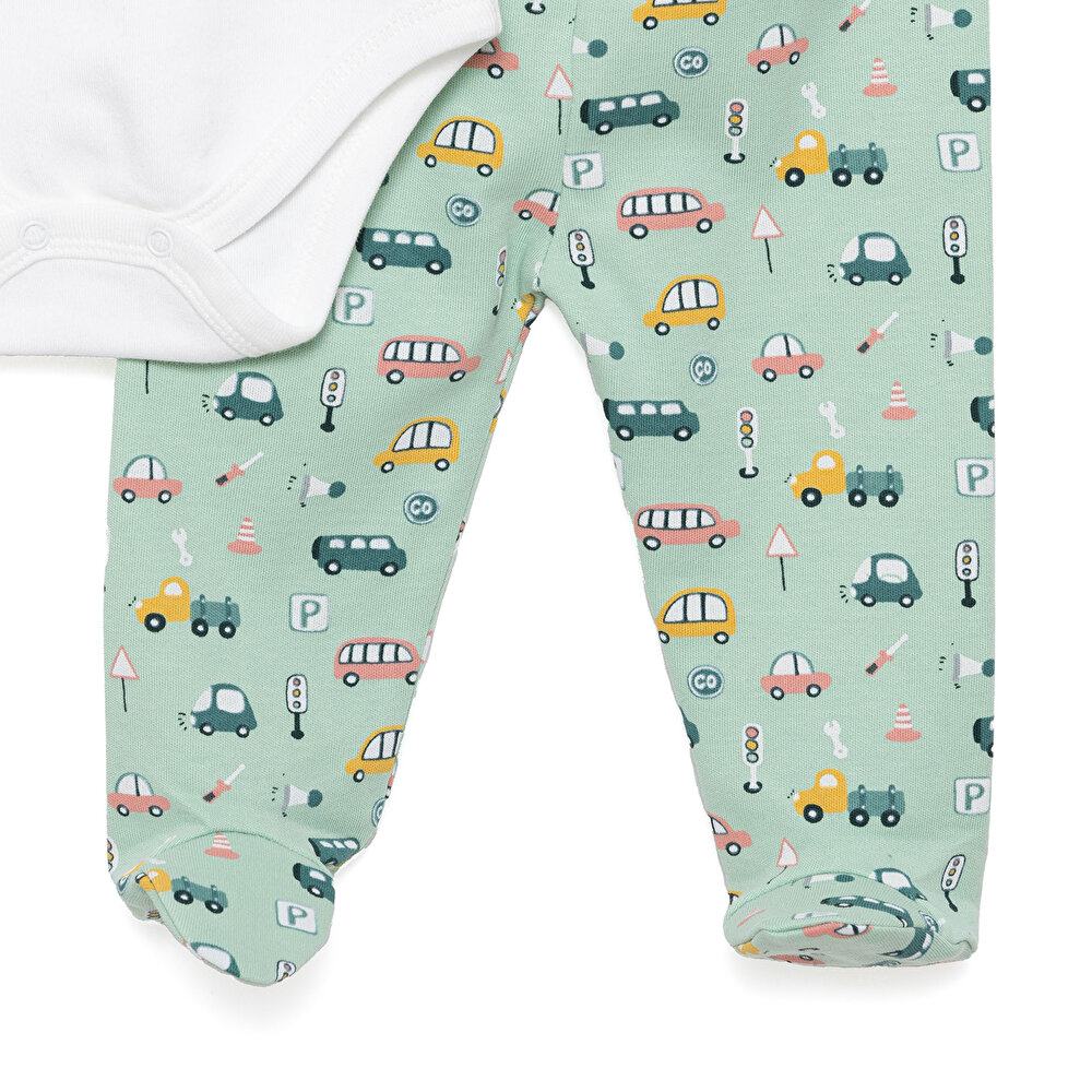 Araba Baskılı Yenidoğan Erkek Body-Patikli Alt-Şapka Erkek Bebek