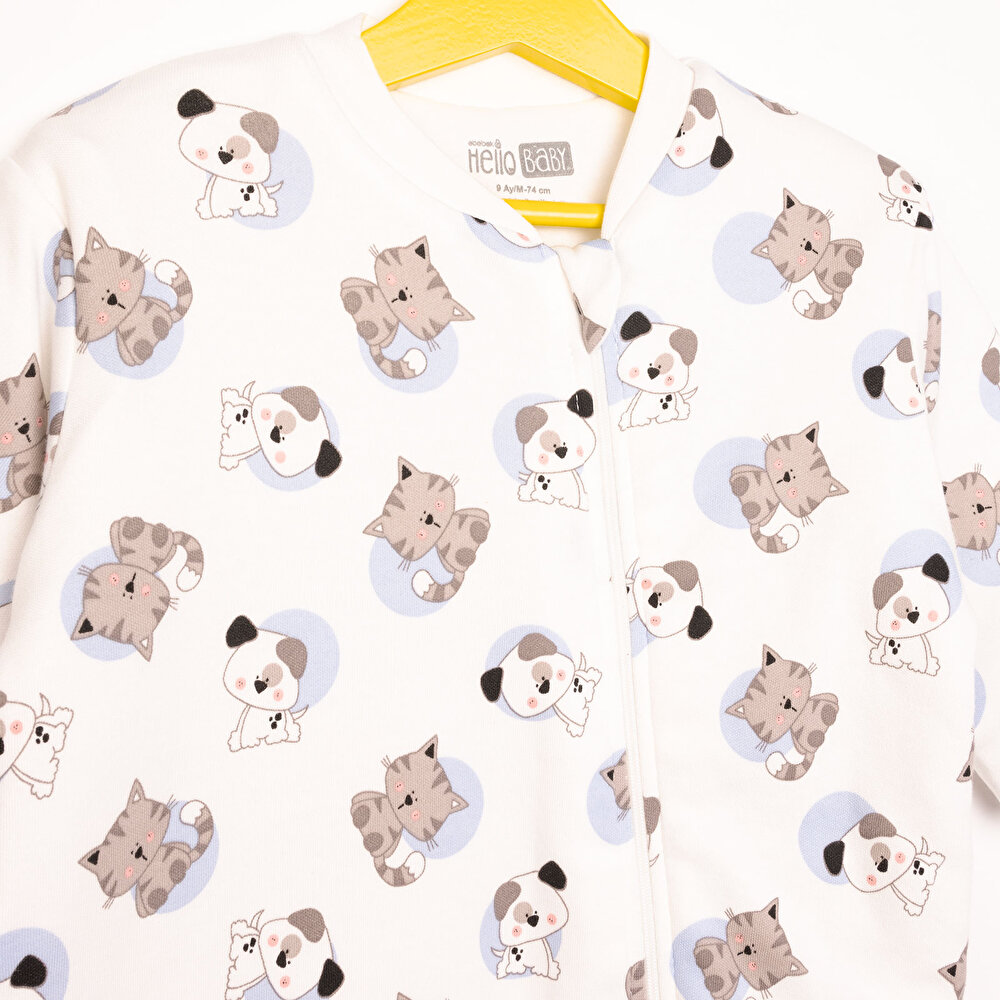 Erkek Bebek Uyku Tulum Araba Desenli İnterlok Fermuarlı 2 Tog Bisiklet Yaka Uzun Kol Bej