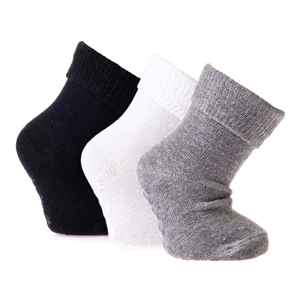 Düz Renkli Unisex 3'lü Kıvrık Çorap Unisex
