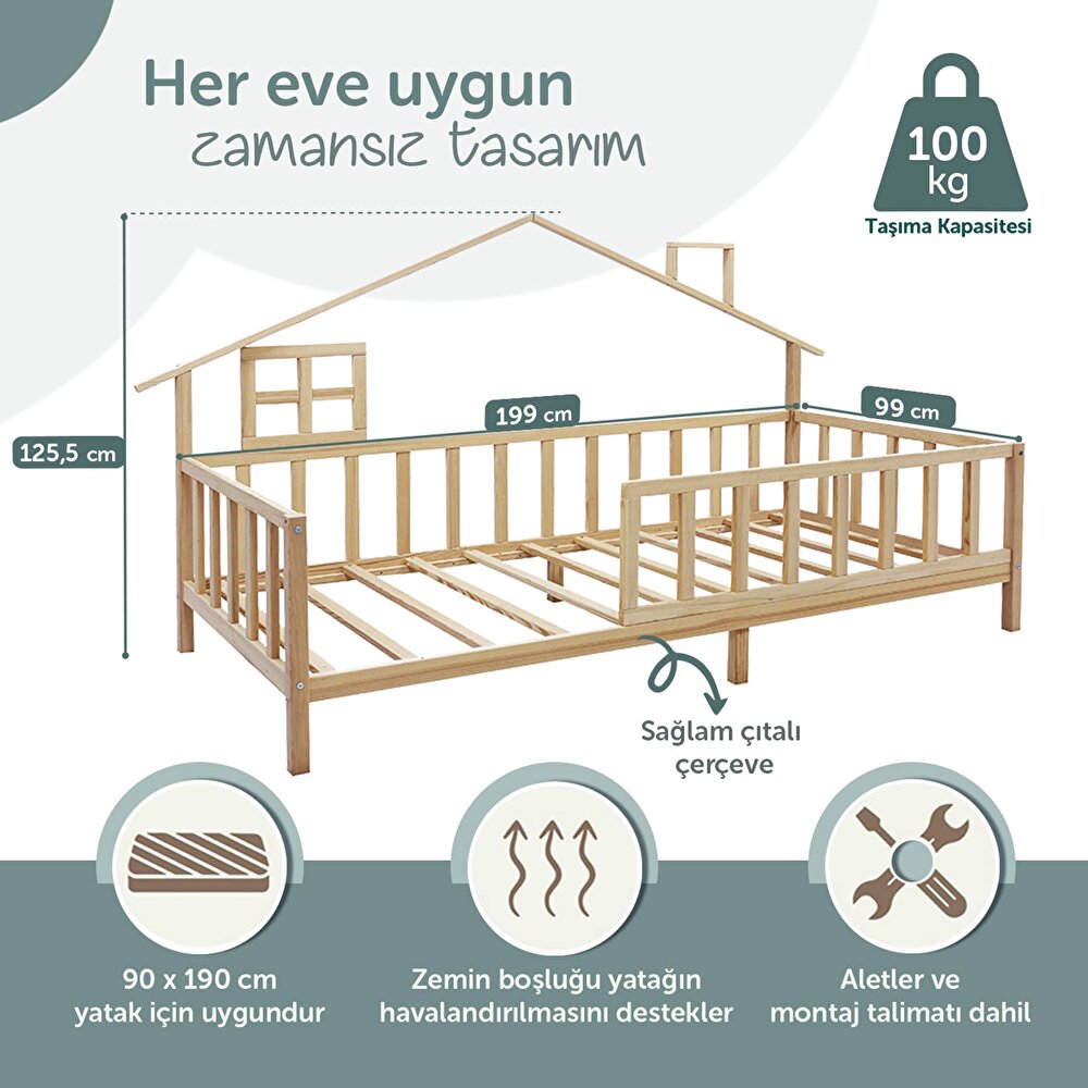Arkası Çatılı Montessori Karyola 90x190 cm