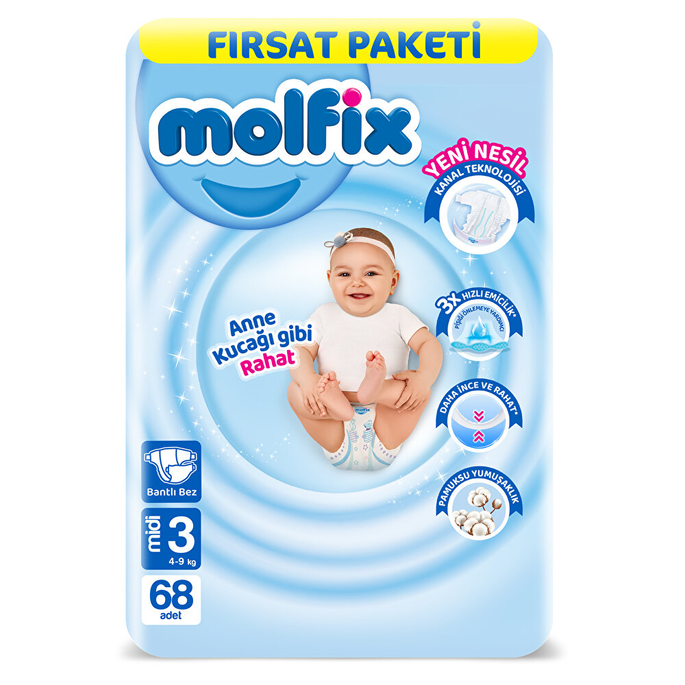Bebek Bezi 3 Beden Midi Fırsat Paketi 4-9 kg 68 Adet