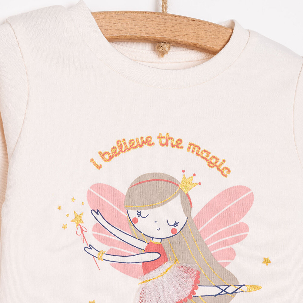 Kız Bebek Pijama Takım İnterlok Balerin Desen Bisiklet Yaka Uzun Kol Ekru