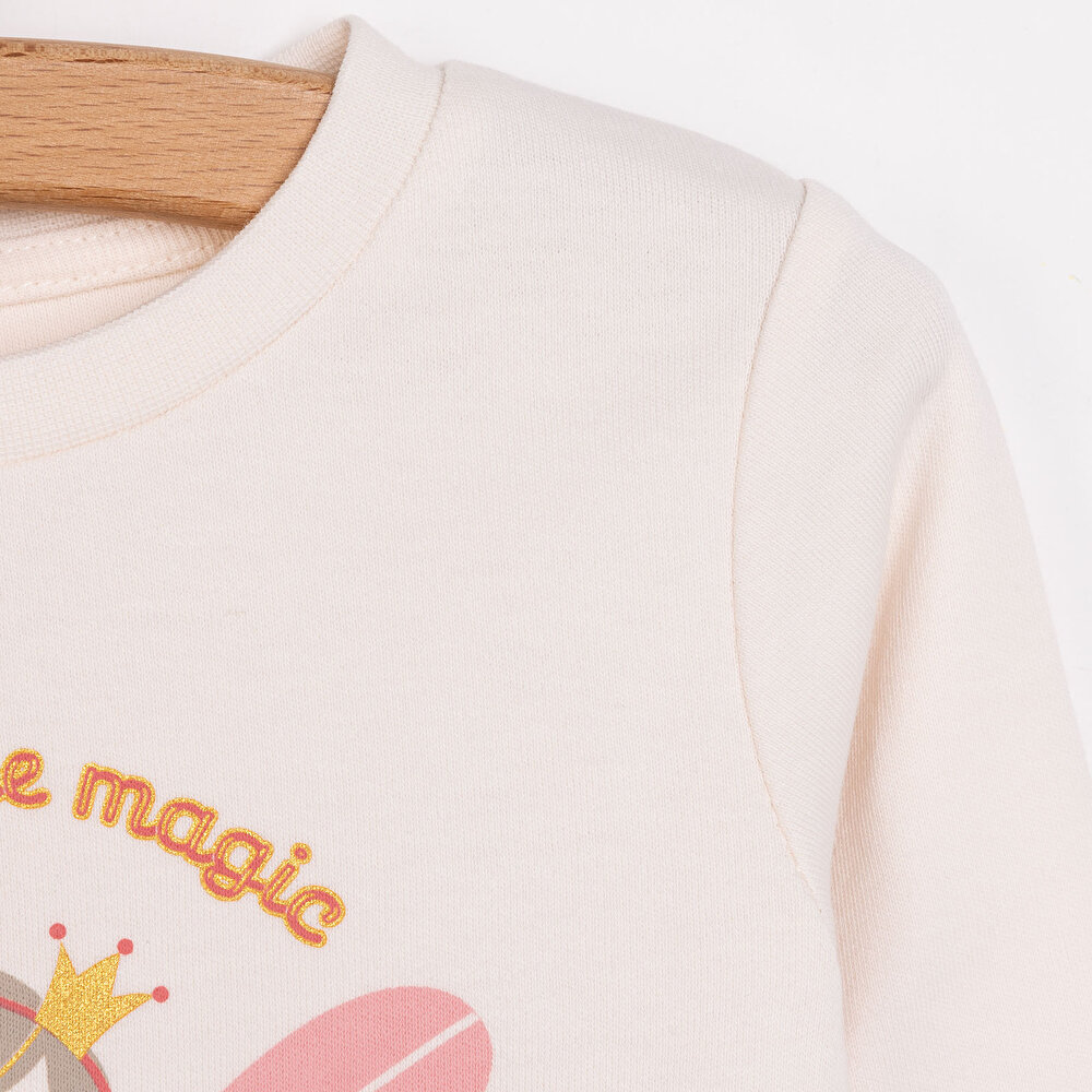 Kız Bebek Pijama Takım İnterlok Balerin Desen Bisiklet Yaka Uzun Kol Ekru