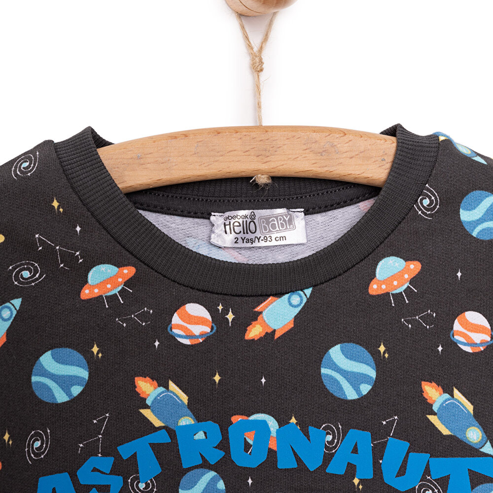 Erkek Bebek Sweatshirt Şardonlu Uzay Metraj Baskılı Bisiklet Yaka Uzun Kol