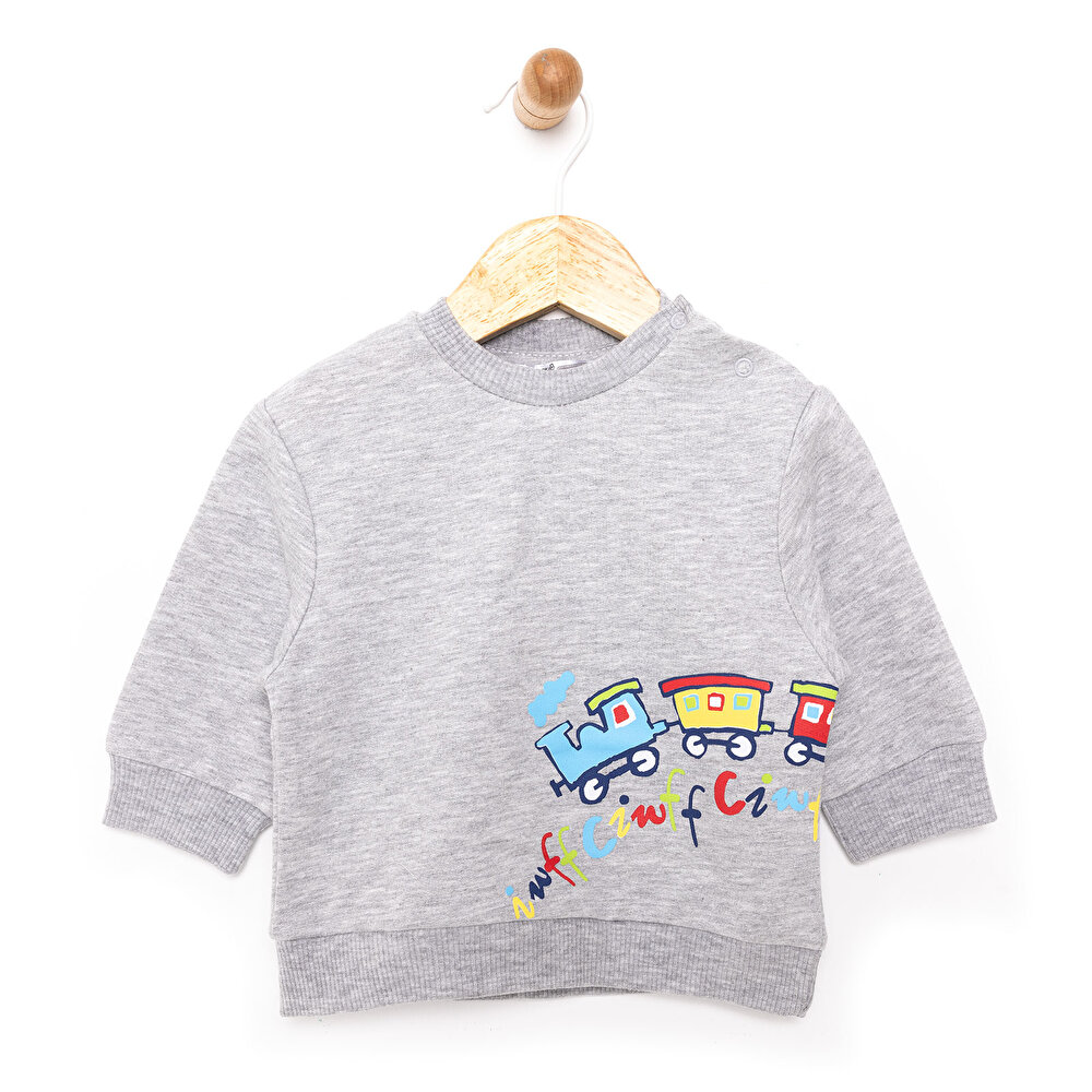 Erkek Bebek Sweatshirt Şardonlu Çıtçıtlı Bisiklet Yaka Uzun Kol Koyu Gri Melanj