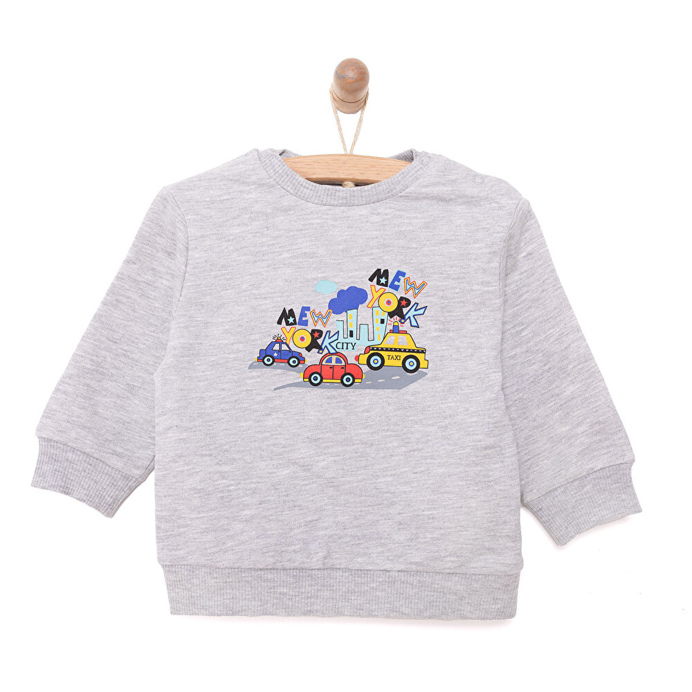 Erkek Bebek Sweatshirt Şardonlu Çıtçıtlı Araba Desen Bisiklet Yaka Uzun Kol Gri Melanj