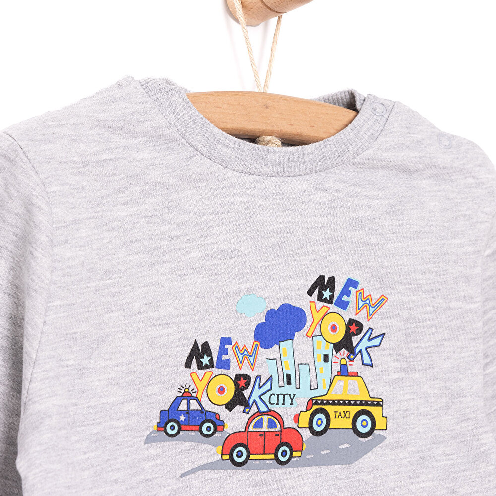 Erkek Bebek Sweatshirt Şardonlu Çıtçıtlı Araba Desen Bisiklet Yaka Uzun Kol Gri Melanj