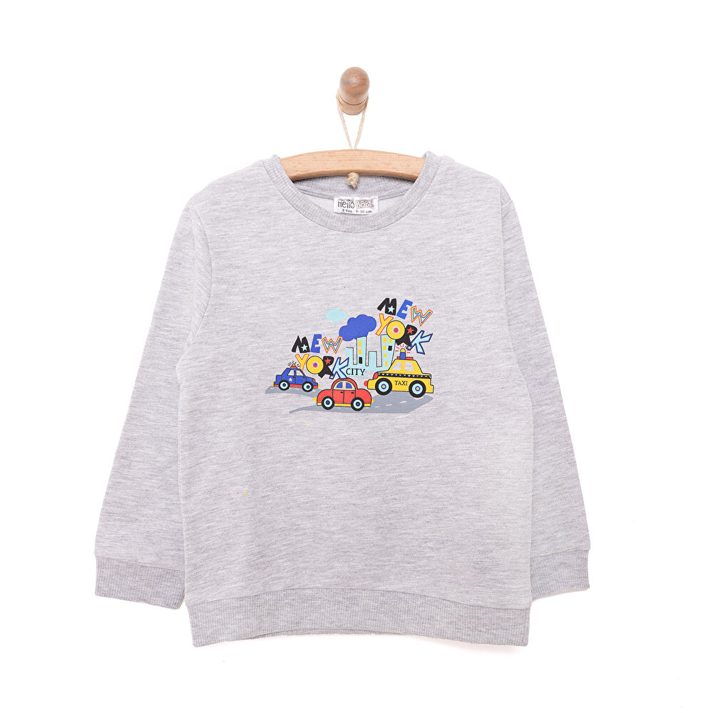 Erkek Bebek Sweatshirt Şardonlu Çıtçıtlı Araba Desen Bisiklet Yaka Uzun Kol Gri Melanj
